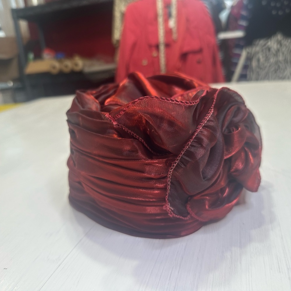 Vintage Burgundy Satin Turban Hat Rose Detail Statement Church Derby - Picture 3 of 13